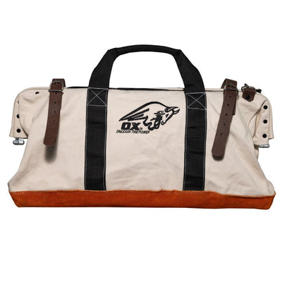 OX Tools 24" Canvas Mason Tool Bag Canvas Utility Bag Reinforced and Riveted opening frame Nylon Strap Handles Suede Leather Bottom OX - P262924 - Carbour Tools